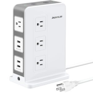 jackyled power strip surge protector tower, 10 widely multi outlet with 4 usb vertical charging station, 1875w 15a, 1080j with 6ft heavy duty extension cord,ul certificate, etl listed, white