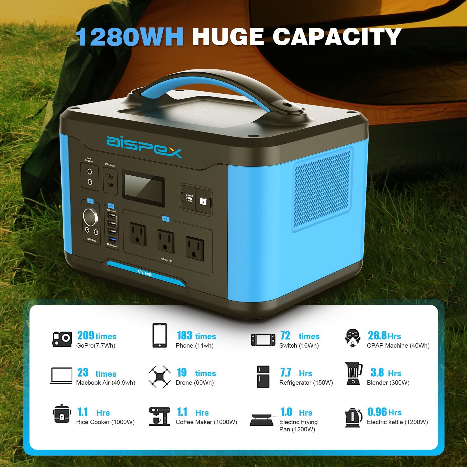 Portable Power Station 1280Wh, AISPEX Solar Generator with Jumper Starter, 110V/1000W Pure Sine Wave AC Outlet, PD 100W, Lifepo4 Battery Power Stations for Home Backup RV/VAN Camping Travel Emergency