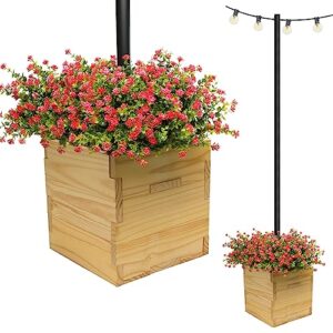 large decorative wooden planter with universal pole support for string light poles, umbrellas, bird feeders. solid wood outdoor garden patio box for plants or flowers, 14"x14"x14", natural