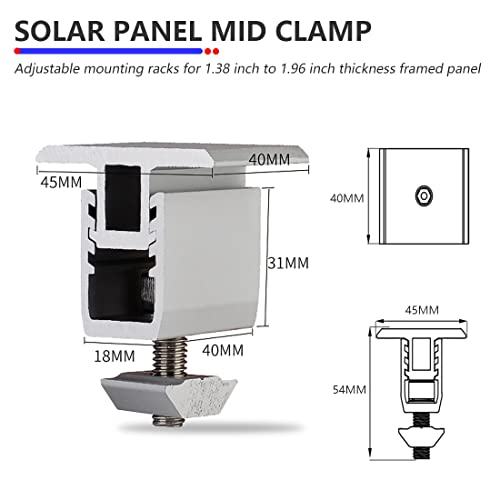 Solar Panel Mid Clamp Adjustable Metal Roof Solar Panel Module Mounting Racking Kits Assembly for 1.38 Inch to 1.96 Inch Thickness Framed Panel(4pcs)