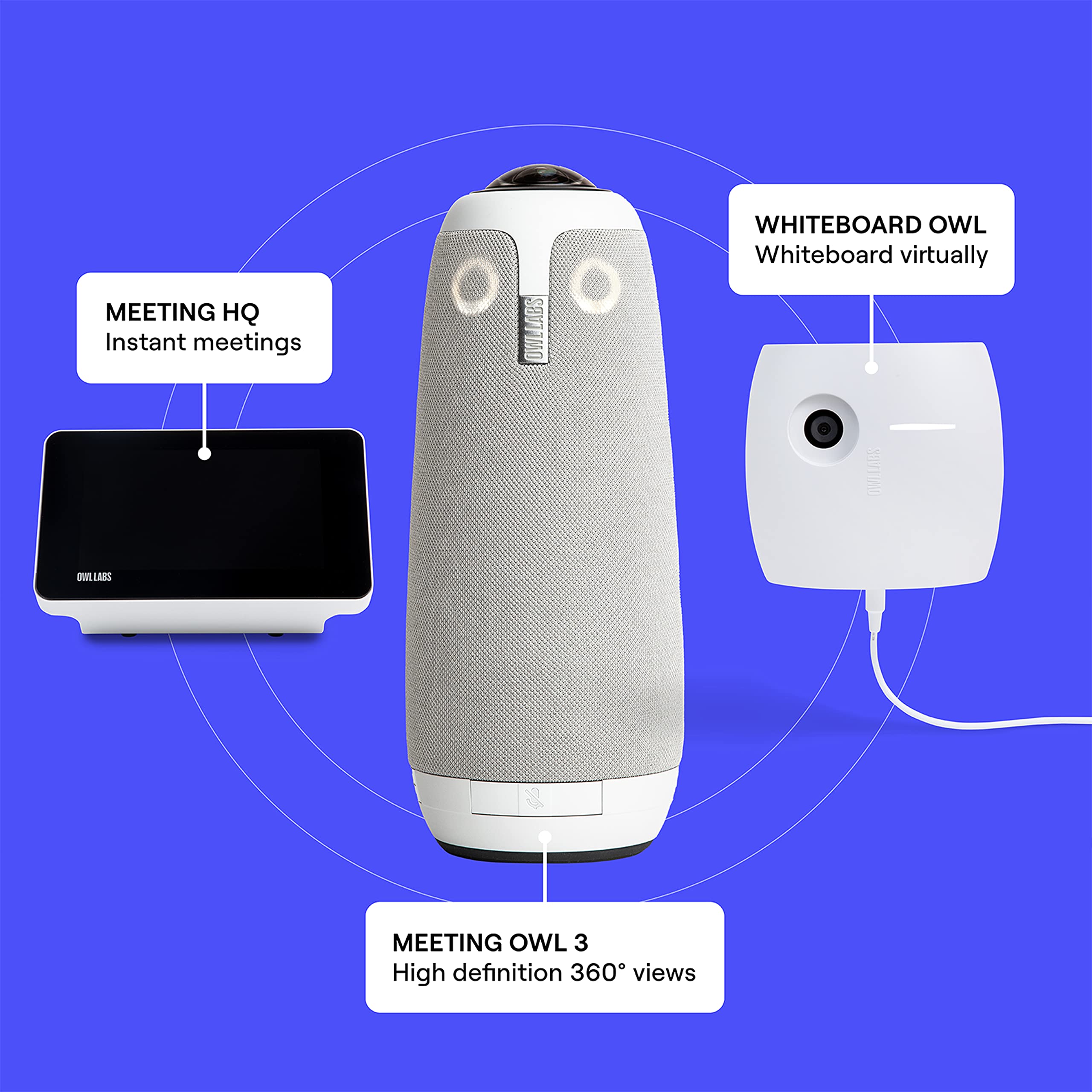 Meeting Owl 3 + Meeting HQ Device + Whiteboard Owl Camera — Intelligent Hybrid Video Conferencing Bundle