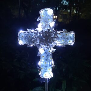 coozzyhour 38inch cross solar garden lights outdoor decorative - solar metal&glass cross white hydrangea flower stake lights- waterproof 20 warm white led for remembrance gifts & sympathy gifts.