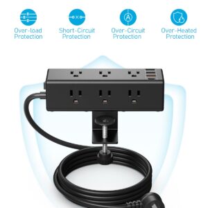 CCCEI Desk Clamp Power Strip with 9 Outlets, Desktop Edge Mount Surge Protector with USB-A and USB-C Ports, Widely Spaced Desk Outlet Fast Charging Station, 6 FT Flat Plug, Fit 1.6 inch Table.