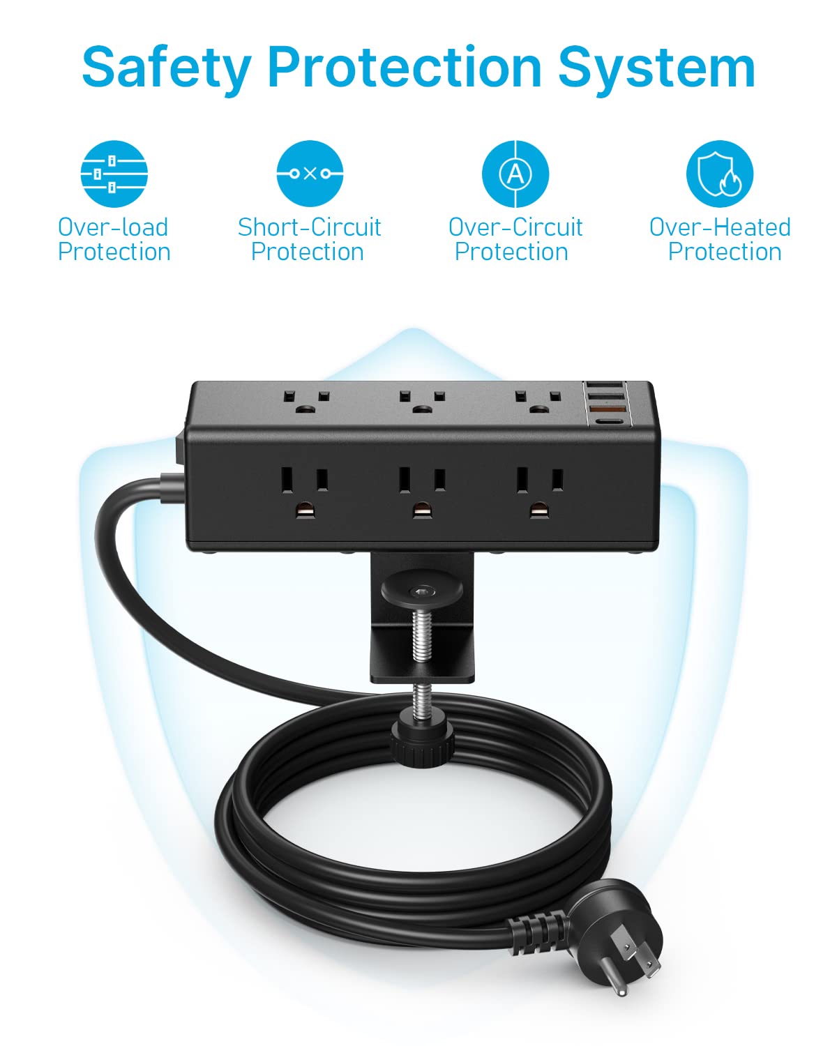 CCCEI Desk Clamp Power Strip with 9 Outlets, Desktop Edge Mount Surge Protector with USB-A and USB-C Ports, Widely Spaced Desk Outlet Fast Charging Station, 6 FT Flat Plug, Fit 1.6 inch Table.