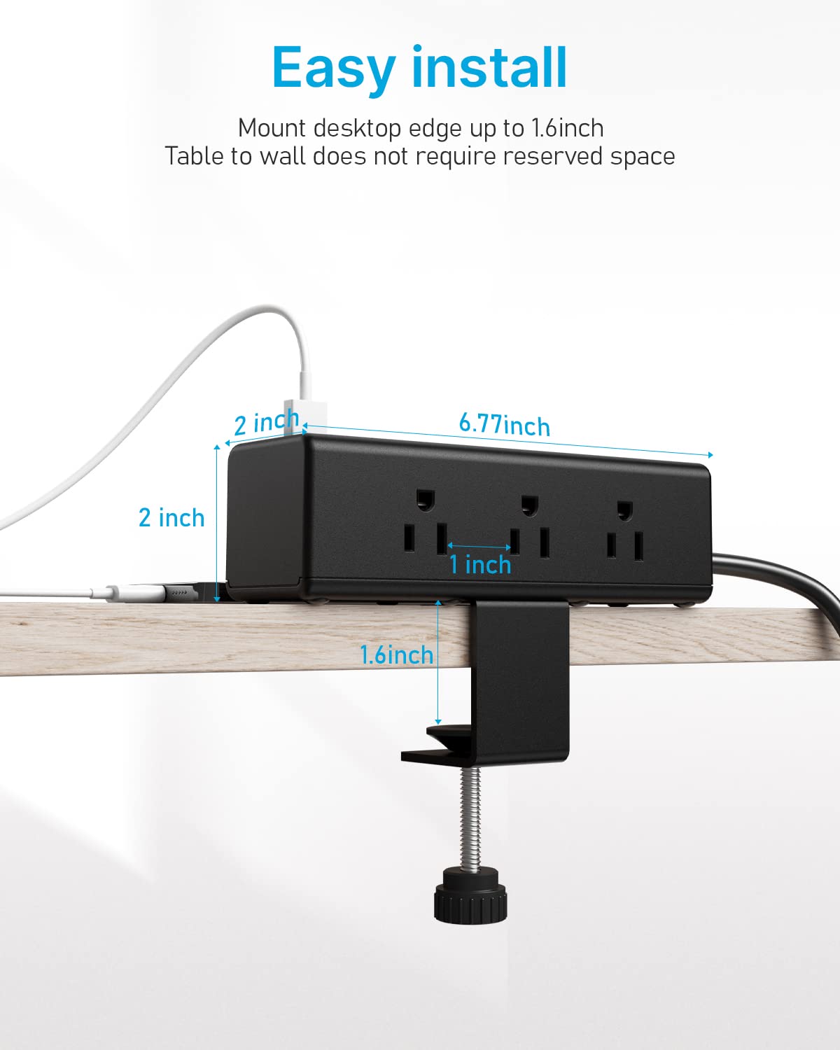 CCCEI Desk Clamp Power Strip with 9 Outlets, Desktop Edge Mount Surge Protector with USB-A and USB-C Ports, Widely Spaced Desk Outlet Fast Charging Station, 6 FT Flat Plug, Fit 1.6 inch Table.