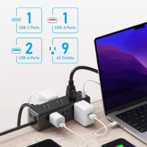 CCCEI Desk Clamp Power Strip with 9 Outlets, Desktop Edge Mount Surge Protector with USB-A and USB-C Ports, Widely Spaced Desk Outlet Fast Charging Station, 6 FT Flat Plug, Fit 1.6 inch Table.