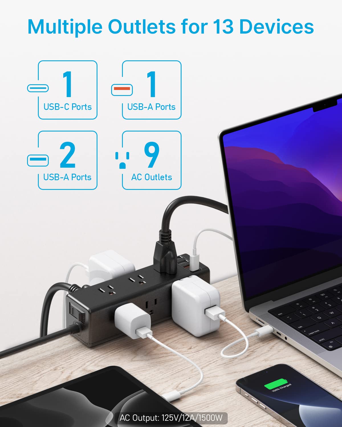 CCCEI Desk Clamp Power Strip with 9 Outlets, Desktop Edge Mount Surge Protector with USB-A and USB-C Ports, Widely Spaced Desk Outlet Fast Charging Station, 6 FT Flat Plug, Fit 1.6 inch Table.