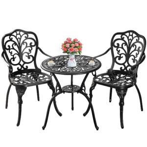 Withniture Bistro Table and Chairs Set of 2 with Umbrella Hole,Cast Aluminum Patio Bistro Sets 3 Piece,Outdoor Bistro Table Set,Patio Furniture Set for Front Porch Set,Garden(Butterfly Black)