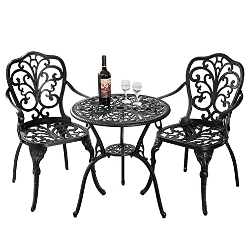 Withniture Bistro Table and Chairs Set of 2 with Umbrella Hole,Cast Aluminum Patio Bistro Sets 3 Piece,Outdoor Bistro Table Set,Patio Furniture Set for Front Porch Set,Garden(Butterfly Black)