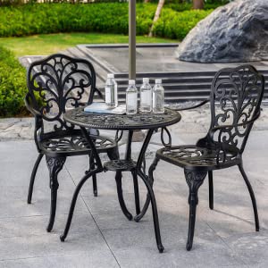 Withniture Bistro Table and Chairs Set of 2 with Umbrella Hole,Cast Aluminum Patio Bistro Sets 3 Piece,Outdoor Bistro Table Set,Patio Furniture Set for Front Porch Set,Garden(Butterfly Black)