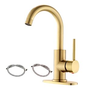 single handle brushed gold bathroom sink faucet with supply hose, 360° swivel gold bar sink faucet with deck plate, gold rv bathroom basin faucet for 1-3 hole installation