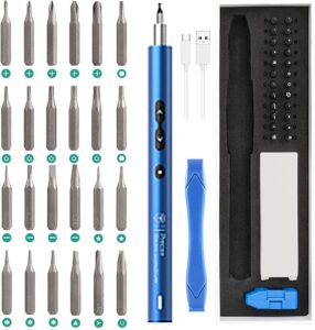 amir electric screwdriver for pc building, 28 in 1 small power automatic screwdriver set with 24 bits, rechargeable portable magnetic repair tool kit with led lights for laptops, watches, blue