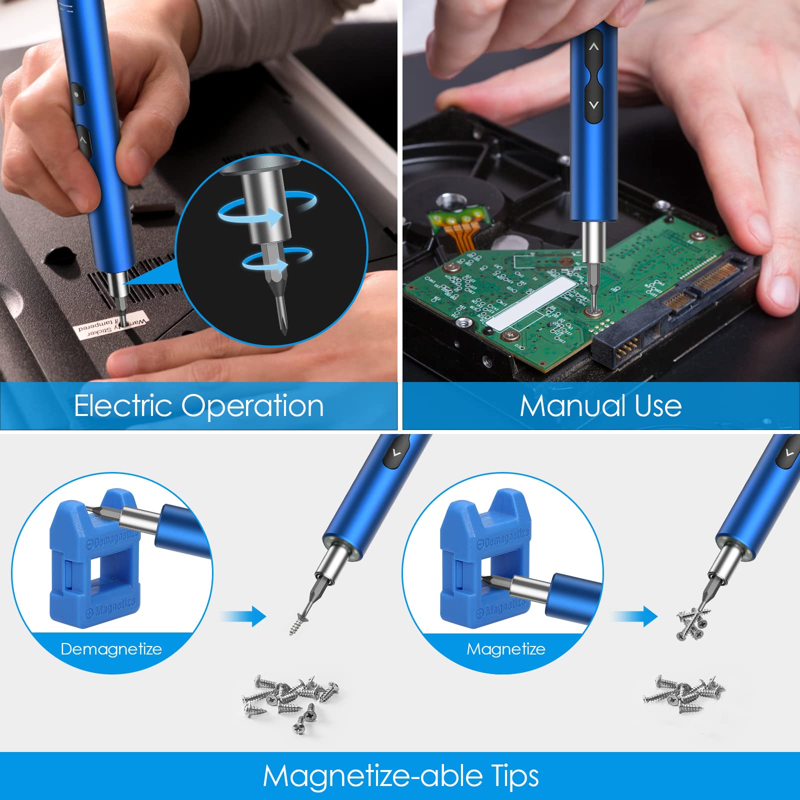 AMIR Electric Screwdriver for PC Building, 28 IN 1 Small Power Automatic Screwdriver Set with 24 Bits, Rechargeable Portable Magnetic Repair Tool Kit with LED Lights for Laptops, Watches, Blue