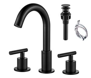 aimoyo 2-handle 8 inch widespread bathroom sink faucet, 3 hole matte black bathroom faucet with 360°swivel spout, pop up drain and high arc, modern basin faucet mixer taps, deck mount