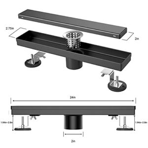 Dilvii 24 Inch Linear Shower Drain Tile Insert Matte Black, Stainless Steel Rectangle Floor Drain with Reversible Cover, Hair Catcher, Adjustable Feet