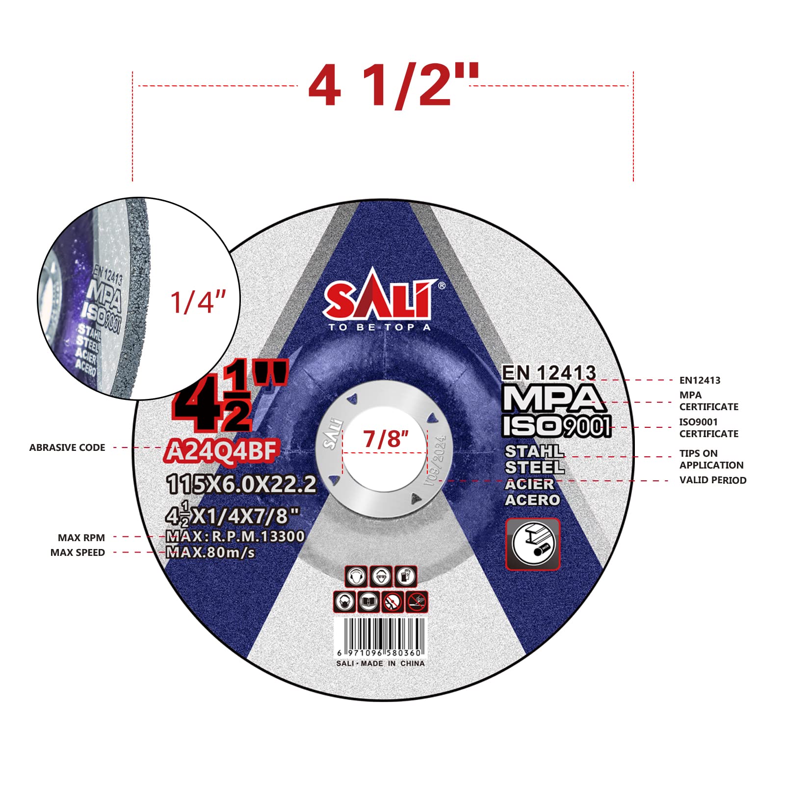 SALI 25 Pack 4-1/2 Inch Grinding Wheels for General Purpose Metal & Stainless Steel, Aluminum Oxide Grinding Disc for Angle Grinder, Depressed Center 4.5" * 1/4" * 7/8"(115 * 6.0 * 22.2 mm)