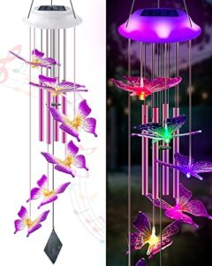 solar wind chimes for outside, butterfly gifts for mom/women, glowing top changing colors led wind chime with 4 iron tubes, outdoor decor mobile for garden yard (purple)