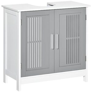 kleankin modern under sink cabinet with 2 doors, pedestal under sink bathroom cupboard, bathroom vanity cabinet with adjustable shelves, gray and white
