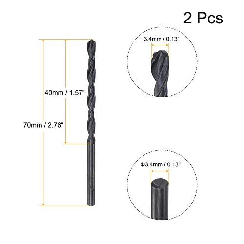 uxcell 6542 High Speed Steel Straight Shank Twist Jobber Drill Bit, Fully Ground Black Oxide Drill Bits 3.4mm Drill Diameter 70mm Total Length 2 Pcs