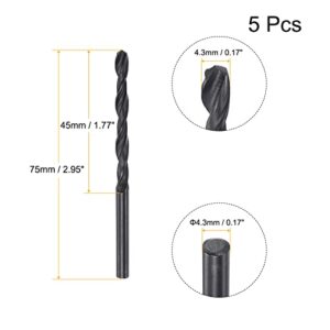 uxcell 6542 High Speed Steel Straight Shank Twist Jobber Drill Bit, Fully Ground Black Oxide Drill Bits 4.3mm Drill Diameter 75mm Total Length 5 Pcs