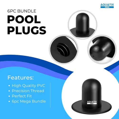 Aquatix Pro Pool Plugs 6pc Fits Intex, Bestway, Coleman & Summer Escape Above Ground Swimming Pools, Replacement Wall Plugs, Strainer Hole Plug, Filter Pump Water Stopper, Durable Drainer Plugs Black