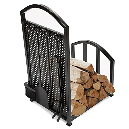 HECASA Firewood Rack with 4 Fireplace Tools Set Indoor Outdoor Wood Holder Heavy Duty Large Log Bin Holder Storage Tool Set Accessories