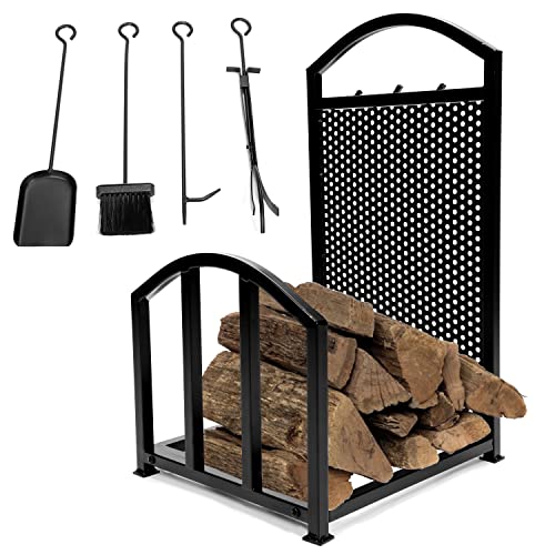 HECASA Firewood Rack with 4 Fireplace Tools Set Indoor Outdoor Wood Holder Heavy Duty Large Log Bin Holder Storage Tool Set Accessories