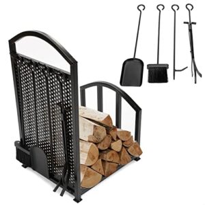 HECASA Firewood Rack with 4 Fireplace Tools Set Indoor Outdoor Wood Holder Heavy Duty Large Log Bin Holder Storage Tool Set Accessories