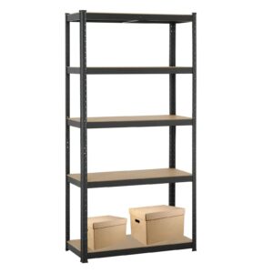 garage shelving unit and storage 77 inch 5 tier adjustable height, 386lbs max load per shelf, heavy duty metal frame botless installation for workshop home storage organizer utility rack, black
