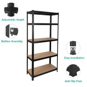 Garage Shelving Unit and Storage 77 Inch 5 Tier Adjustable Height, 386lbs Max Load Per Shelf, Heavy Duty Metal Frame Botless Installation for Workshop Home Storage Organizer Utility Rack, Black