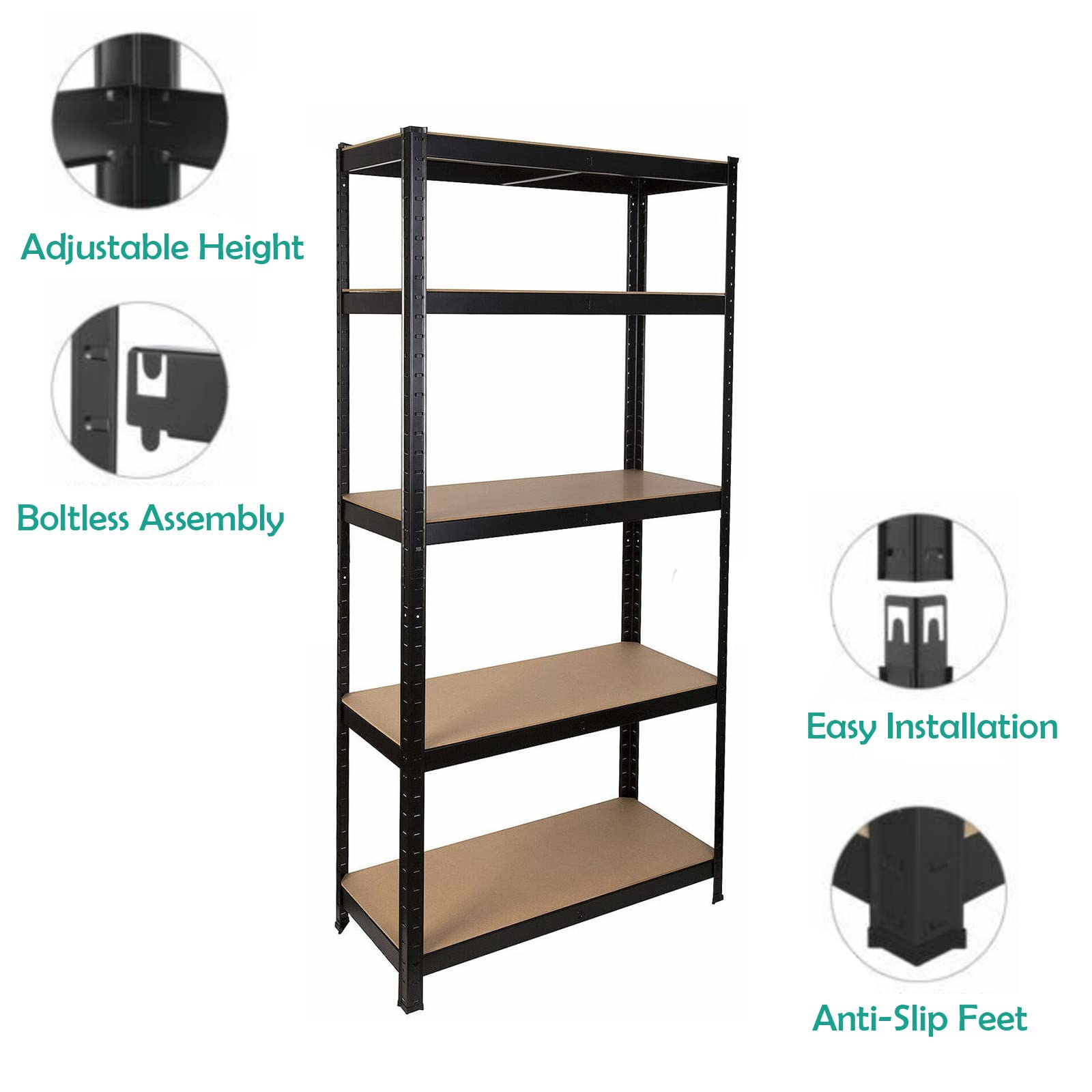 Bowoshen Storage Shelves 5-Tier 66in Height Garage Shelving Unit Rack Metal Shelf Heavy Duty 353lb Load per Tier, Adjustable Utility Shelves for Garage, Warehouse, Living Room, Office (66" Black)