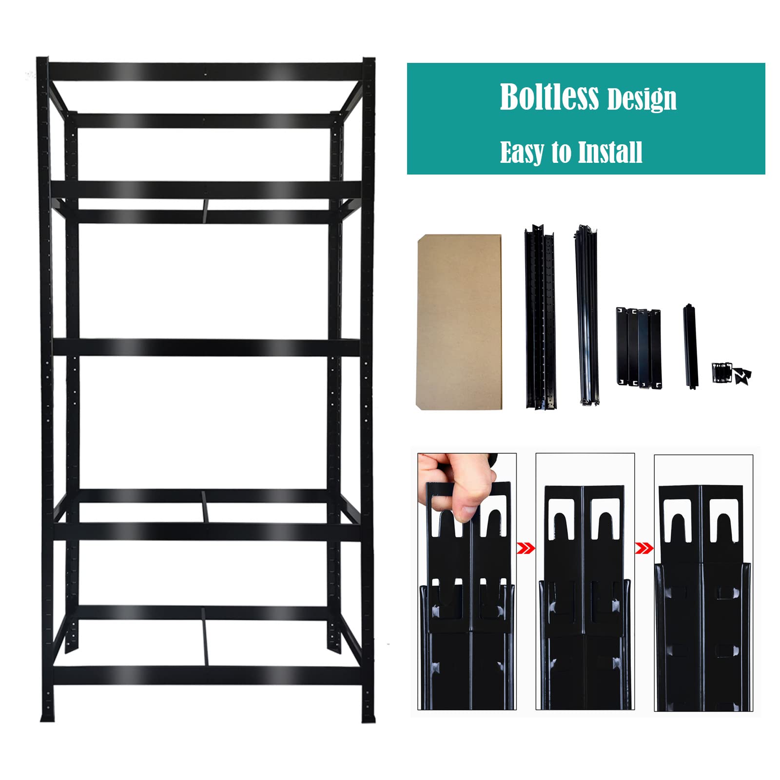 Bowoshen Storage Shelves 5-Tier 66in Height Garage Shelving Unit Rack Metal Shelf Heavy Duty 353lb Load per Tier, Adjustable Utility Shelves for Garage, Warehouse, Living Room, Office (66" Black)