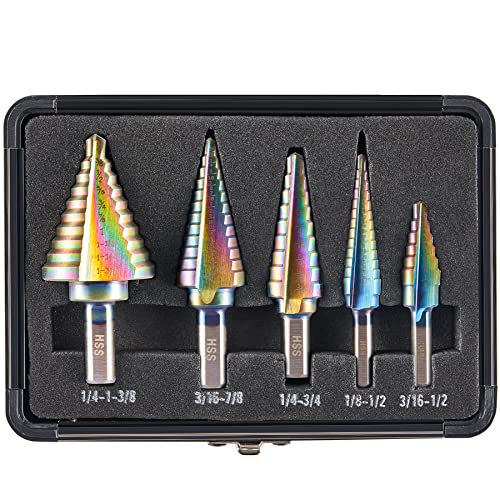 Anfrere Unique 5PCS Step Bits Set, 50 Sizes HSS Titanium Step Drill Bits, 1/8"-1-3/8" High Speed Steel Unibit Drill Bits Set for Sheet Metal with Storage Case, Multiple Hole Stepped Up Bits Home Tools