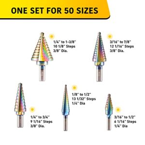 Anfrere Unique 5PCS Step Bits Set, 50 Sizes HSS Titanium Step Drill Bits, 1/8"-1-3/8" High Speed Steel Unibit Drill Bits Set for Sheet Metal with Storage Case, Multiple Hole Stepped Up Bits Home Tools