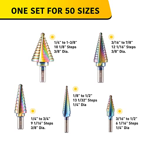 Anfrere Unique 5PCS Step Bits Set, 50 Sizes HSS Titanium Step Drill Bits, 1/8"-1-3/8" High Speed Steel Unibit Drill Bits Set for Sheet Metal with Storage Case, Multiple Hole Stepped Up Bits Home Tools