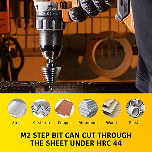 Anfrere Unique 5PCS Step Bits Set, 50 Sizes HSS Titanium Step Drill Bits, 1/8"-1-3/8" High Speed Steel Unibit Drill Bits Set for Sheet Metal with Storage Case, Multiple Hole Stepped Up Bits Home Tools