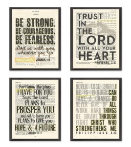 set of 4-5x7's, joshua 1:9, proverbs 3:5, jeremiah 29:11, philippians 4:13 art prints, unframed, vintage bible page verse set wall decor posters, 5x7 inches