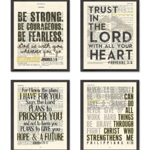 Set of 4-5x7's, Joshua 1:9, Proverbs 3:5, Jeremiah 29:11, Philippians 4:13 Art Prints, Unframed, Vintage Bible Page Verse Set Wall Decor Posters, 5x7 Inches