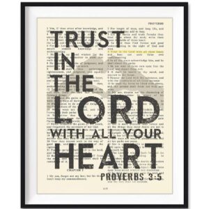 Set of 4-5x7's, Joshua 1:9, Proverbs 3:5, Jeremiah 29:11, Philippians 4:13 Art Prints, Unframed, Vintage Bible Page Verse Set Wall Decor Posters, 5x7 Inches