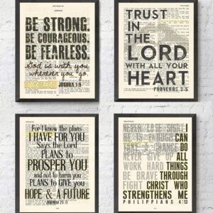 Set of 4-5x7's, Joshua 1:9, Proverbs 3:5, Jeremiah 29:11, Philippians 4:13 Art Prints, Unframed, Vintage Bible Page Verse Set Wall Decor Posters, 5x7 Inches