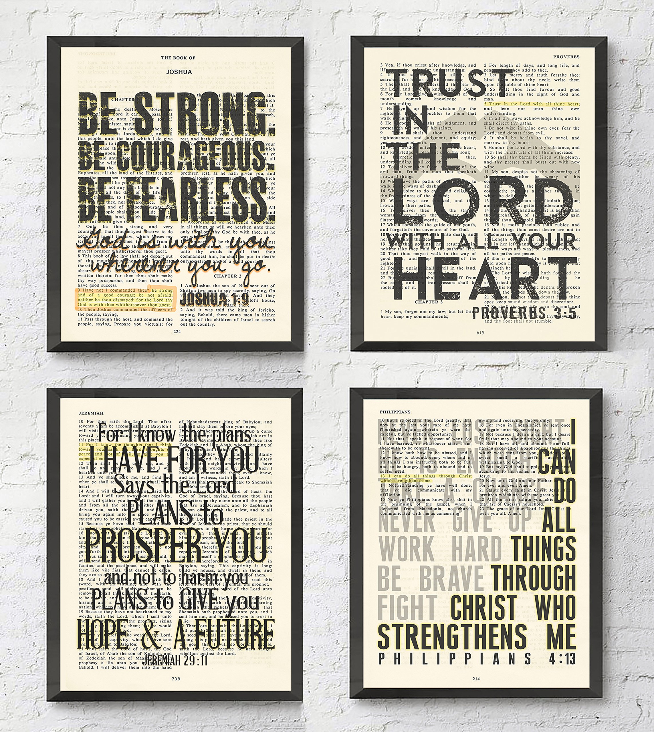 Set of 4-5x7's, Joshua 1:9, Proverbs 3:5, Jeremiah 29:11, Philippians 4:13 Art Prints, Unframed, Vintage Bible Page Verse Set Wall Decor Posters, 5x7 Inches