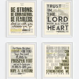 Set of 4-5x7's, Joshua 1:9, Proverbs 3:5, Jeremiah 29:11, Philippians 4:13 Art Prints, Unframed, Vintage Bible Page Verse Set Wall Decor Posters, 5x7 Inches