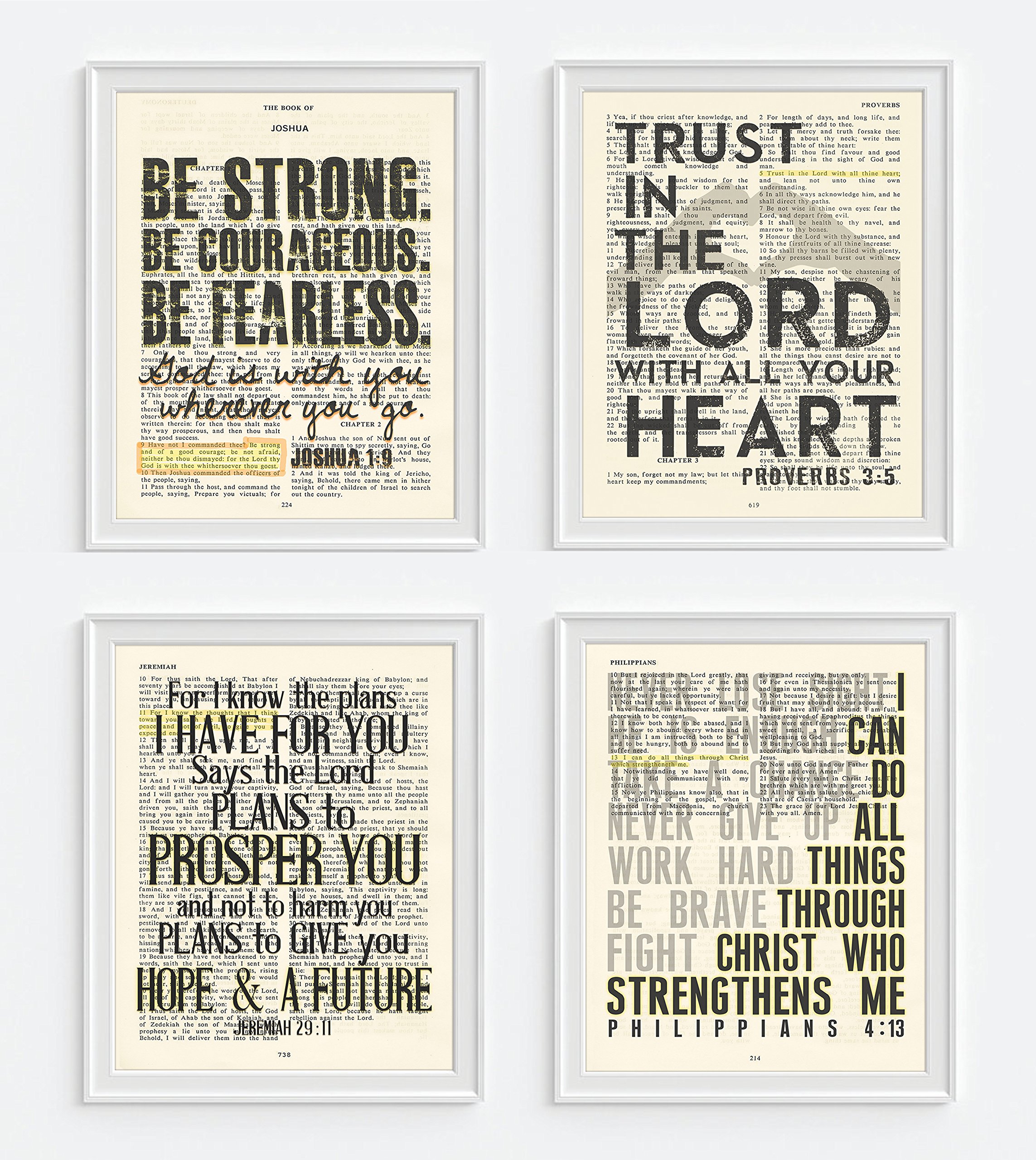 Set of 4-5x7's, Joshua 1:9, Proverbs 3:5, Jeremiah 29:11, Philippians 4:13 Art Prints, Unframed, Vintage Bible Page Verse Set Wall Decor Posters, 5x7 Inches