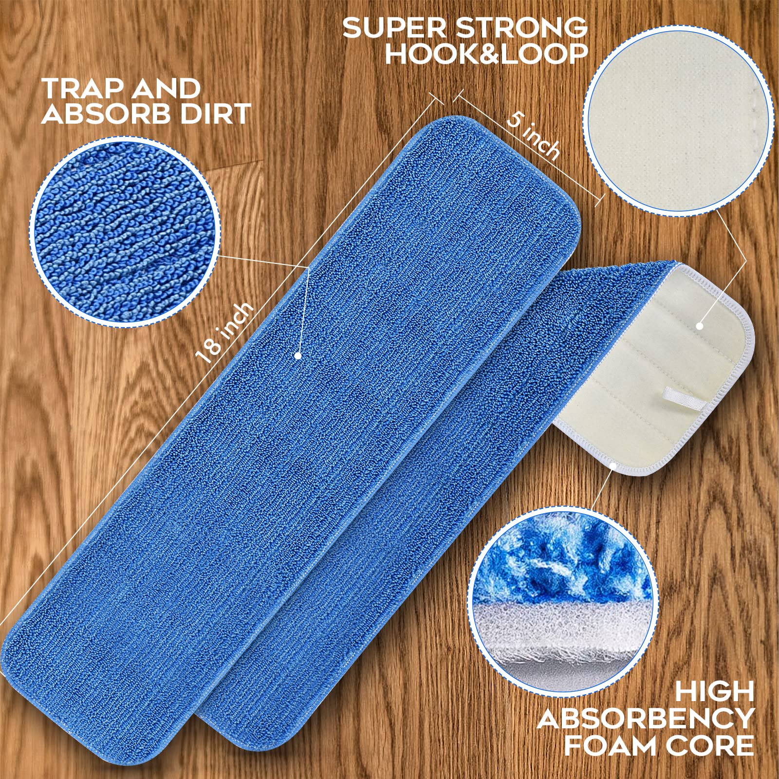 Matthew 18'' Microfiber Spray Mop Replacement Pads Heads for Wet Dry Reusable Mops Floor Home Commercial Cleaning Refills, Machine Washable Fits Compatible with Bona Mop&Most Spray Mops Blue (6 Pack)