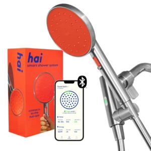 hai smart shower head, bluetooth handheld water saving showerhead with adjustable high pressure to spa-like mist, stainless steel, easy installation, customizable led lights, persimmon, 1.8 gpm