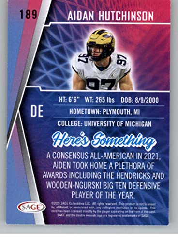 2022 Sage High Series #189 Aidan Hutchinson Michigan RC Rookie Football Trading Card