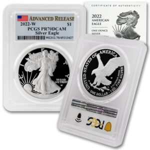 2022 w 1 oz proof american silver eagle coin pr-70 deep cameo (pr70dcam - advanced release - flag label) with original certificate of authenticity $1 pcgs mint state