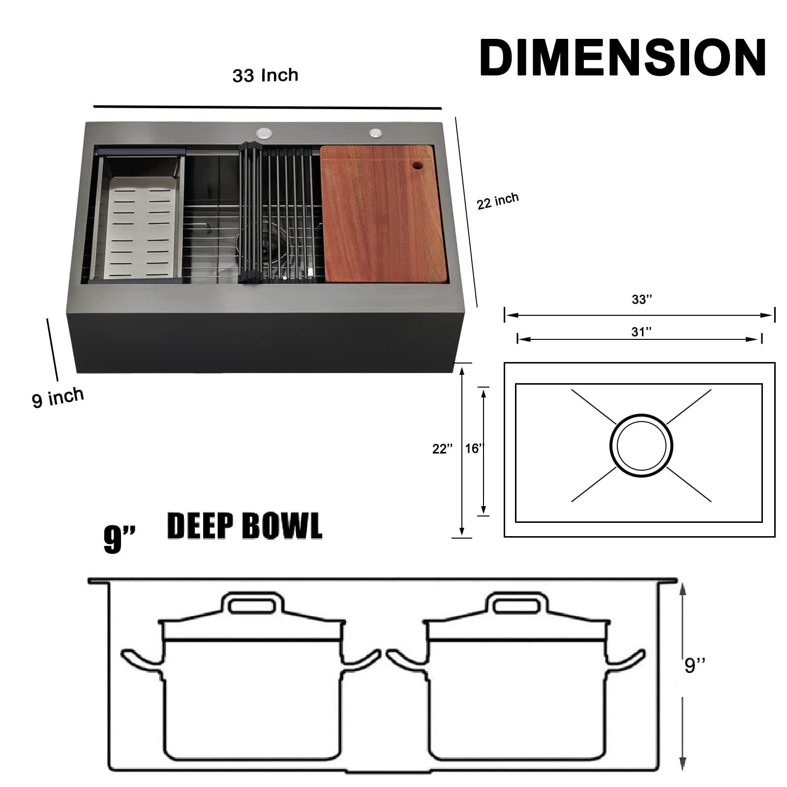 UFaucet 33x22 Inch Black Drop In Farmhouse Sink, 33 Inch Gunmetal Black Top Mount Farmhouse Kitchen Sink Single Bowl Topmount Apron Front Farm Sink Workstation Stainless Steel Sink