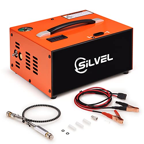 SILVEL PCP Air Compressor, PCP Compressor 4500Psi/30Mpa with Built-in Power Adapter, Auto-shutoff, Oil &Water-Free, Power by 110V /220V AC or 12V DC