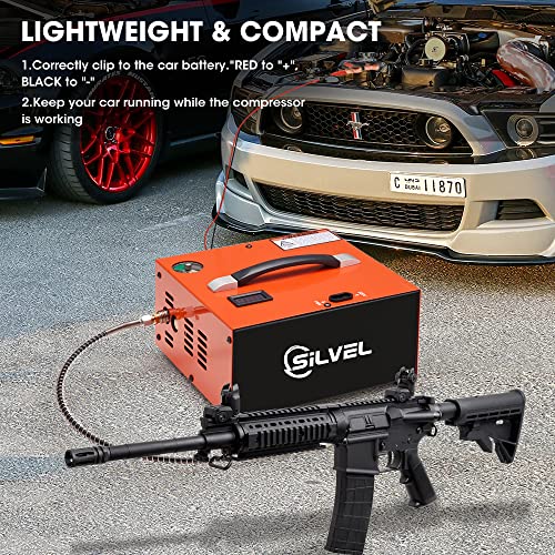 SILVEL PCP Air Compressor, PCP Compressor 4500Psi/30Mpa with Built-in Power Adapter, Auto-shutoff, Oil &Water-Free, Power by 110V /220V AC or 12V DC